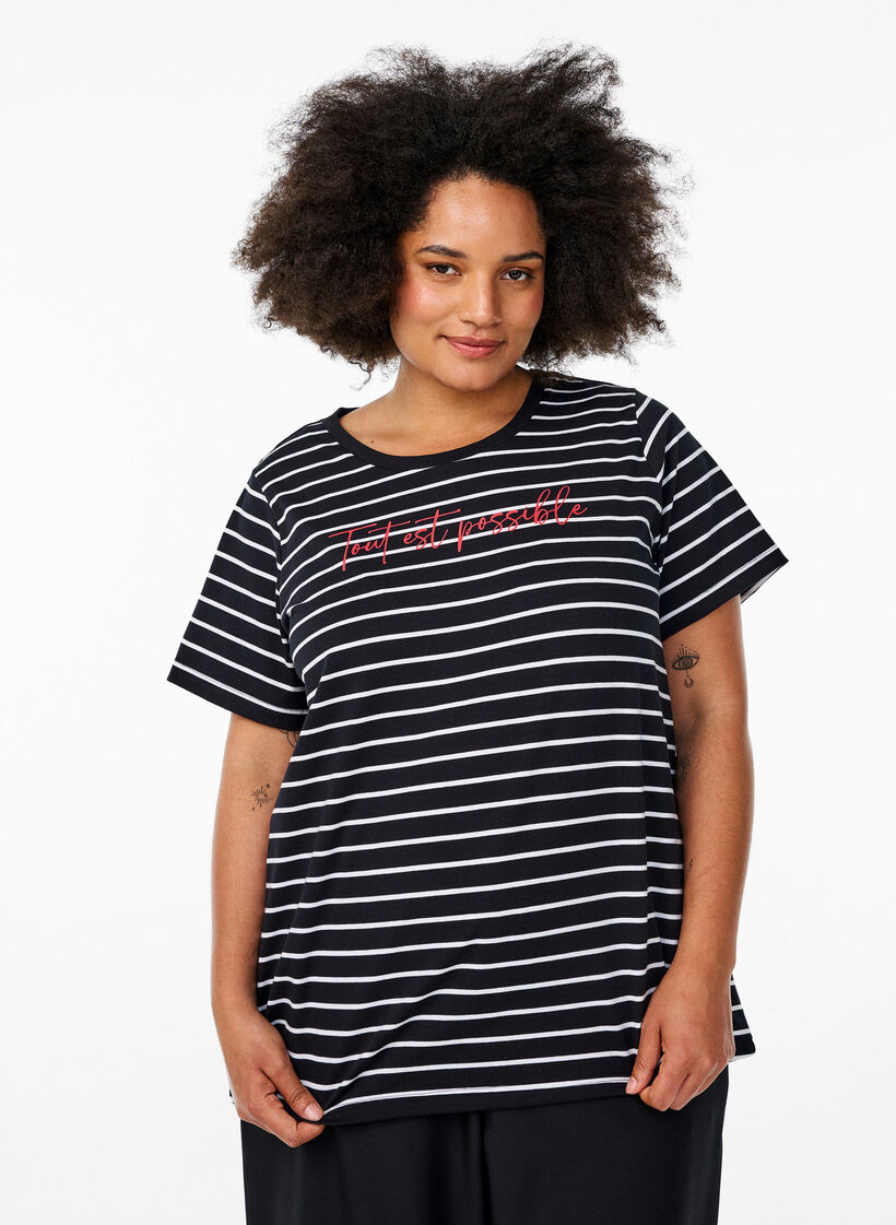 Striped T-shirt with text print, Black, Model image number 0
