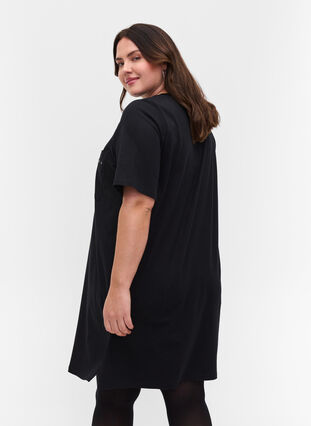 Long cotton t-shirt with chest pockets and rivets, Black, Model image number 1