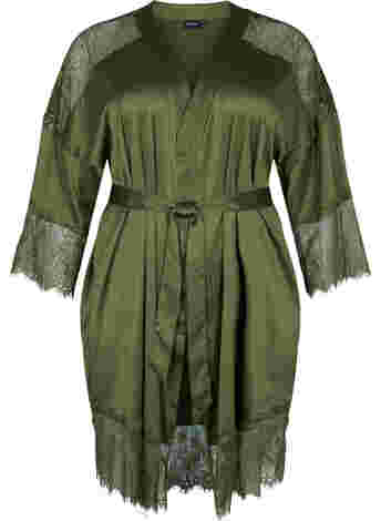 Dressing gown with lace details and tie belt