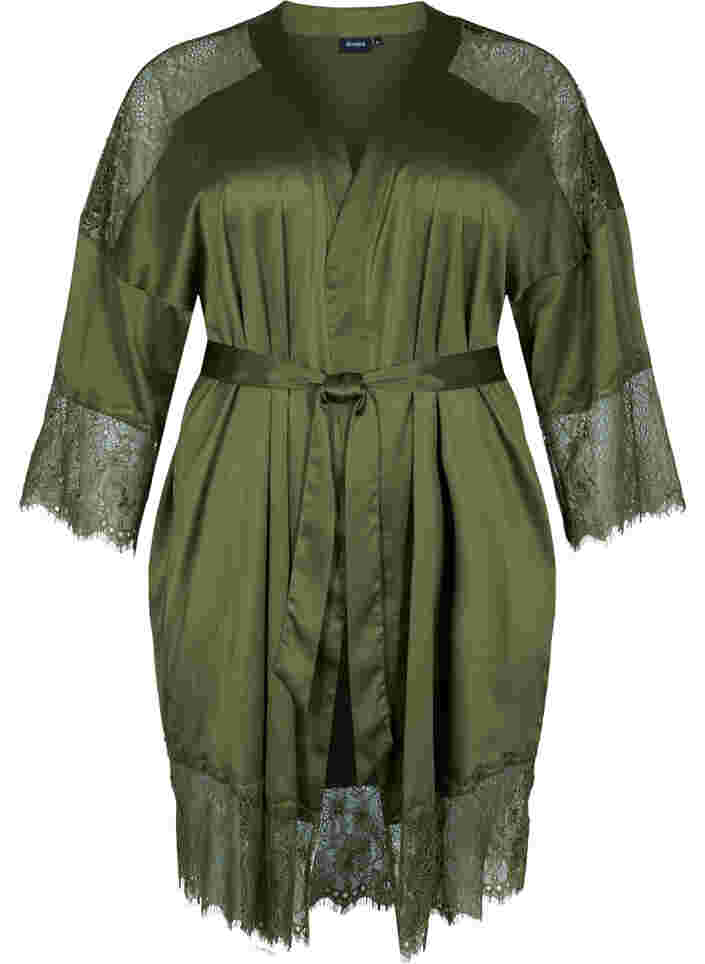Dressing gown with lace details and tie belt, Military Olive ASS, Packshot image number 0