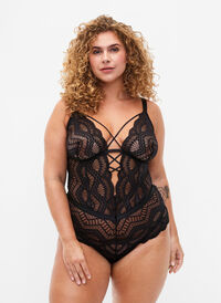 Lace bodystocking with strings, Black, Model