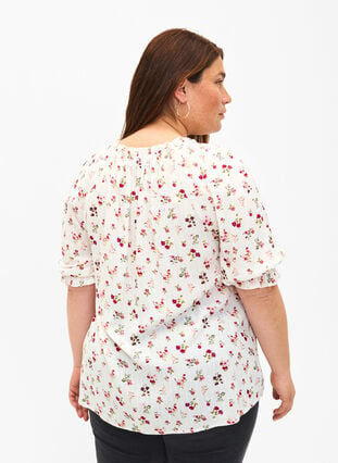Floral viscose blouse with half sleeves, B. White Rose Flower, Model image number 1