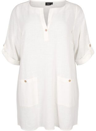 3/4 sleeve cotton blend tunic with linen, Off-White, Packshot image number 0