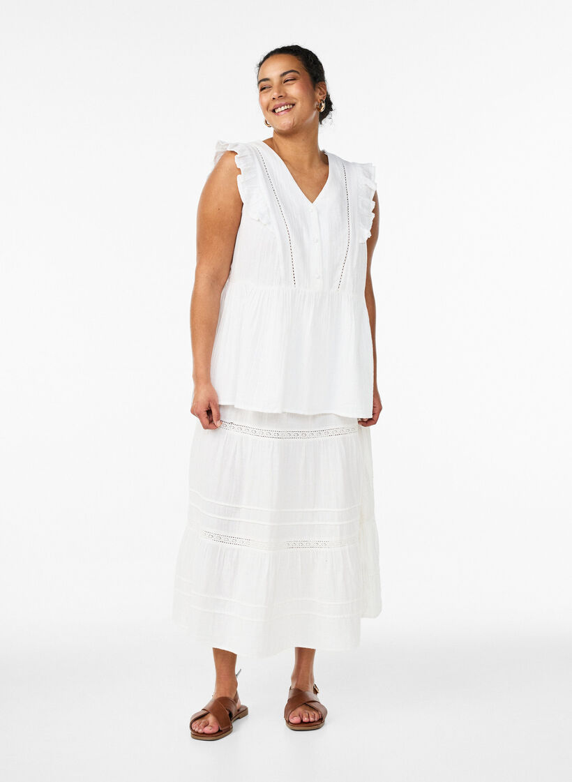 Sleeveless cotton muslin blouse with ruffles, White, Model image number 1