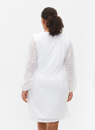 Lace dress with v neck and long sleeves, Bright White, Model image number 1