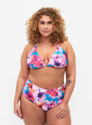 Bikini bottom with print and high waist, Pink Flower, Model image number 0