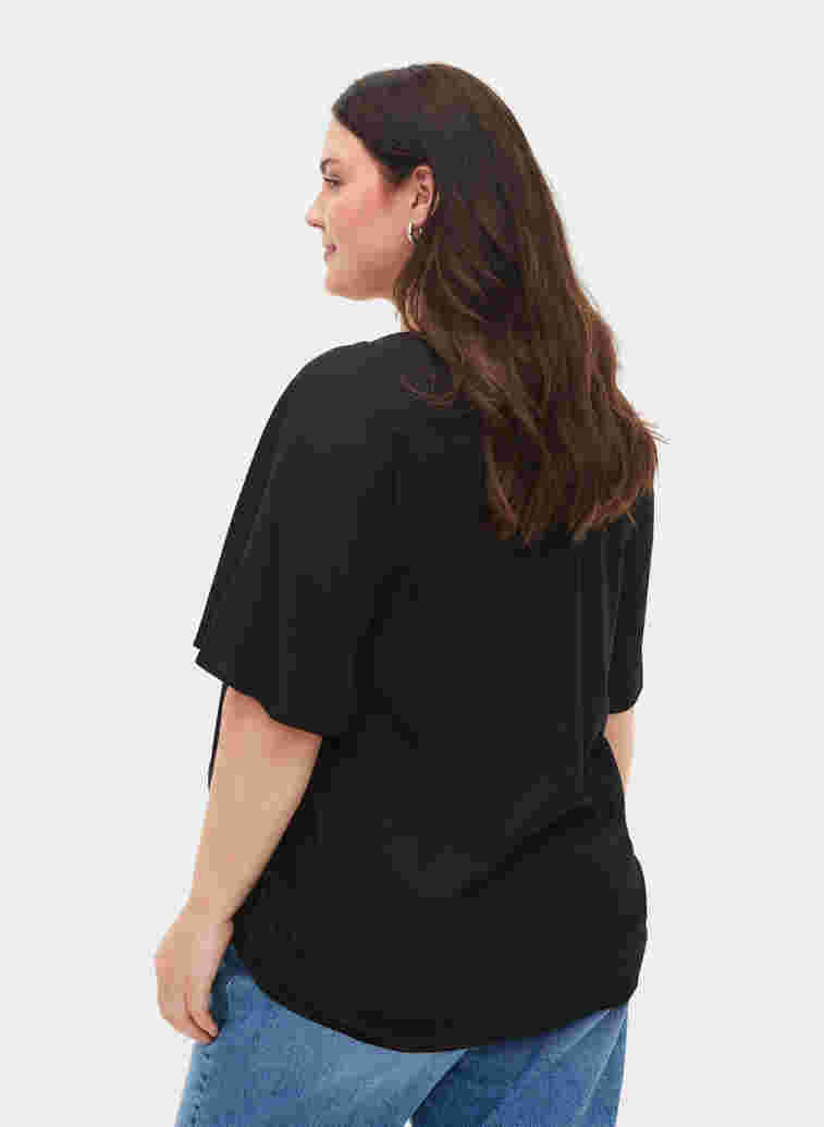 Short-sleeved viscose blouse with string detailing, Black, Model image number 1