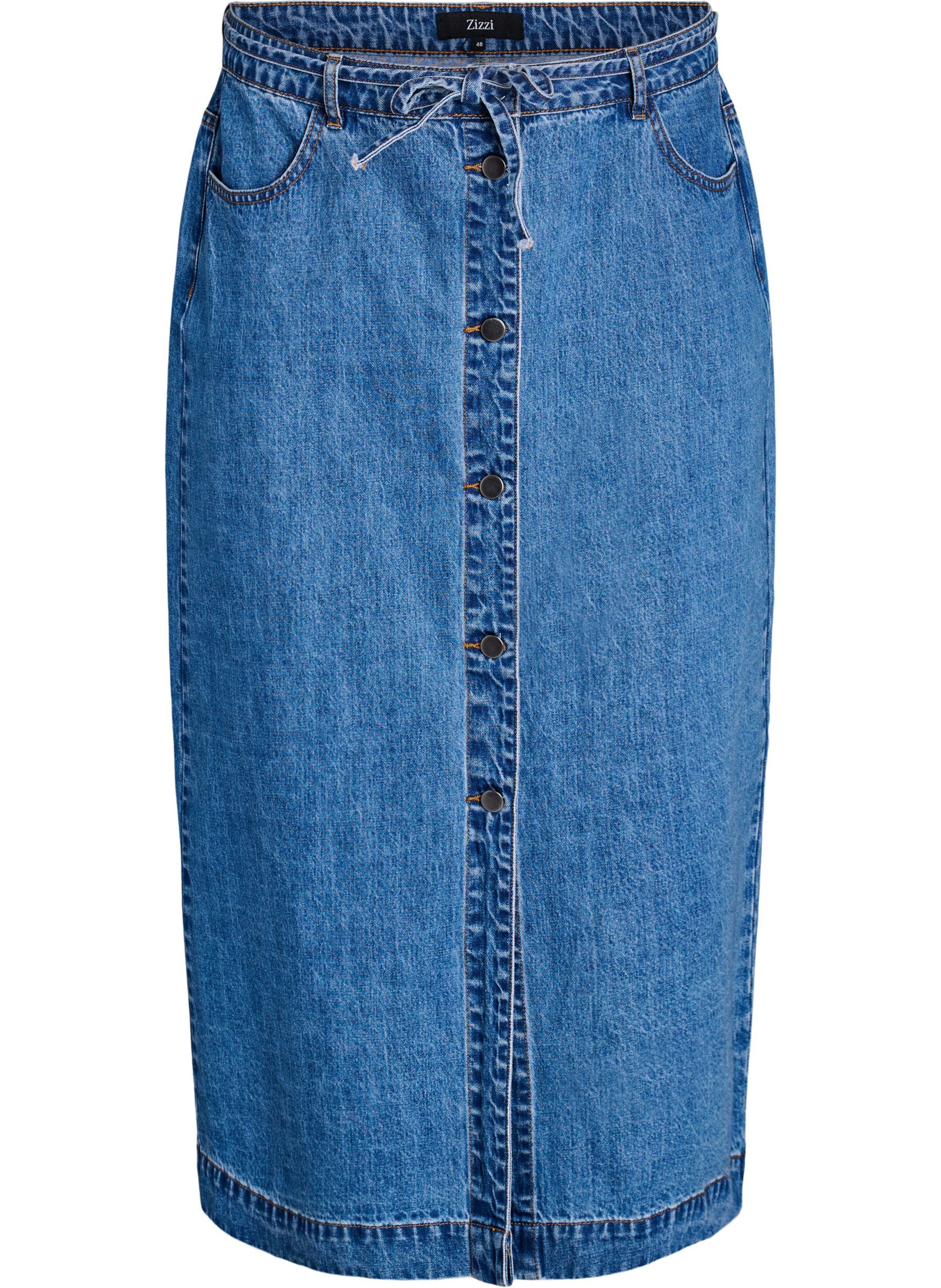 Zizzifashion Long denim skirt with buttons and tie-belt, Blue, Packshot image number 0