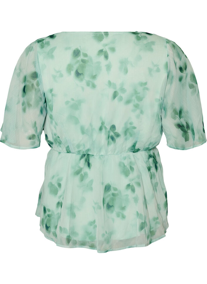 Floral chiffon blouse with short sleeves, Green, Packshot image number 1