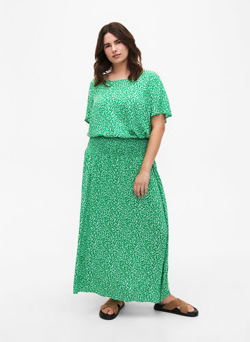 FLASH - Viscose maxi skirt with smocking, Bright Green Wh.AOP, Model image number 0