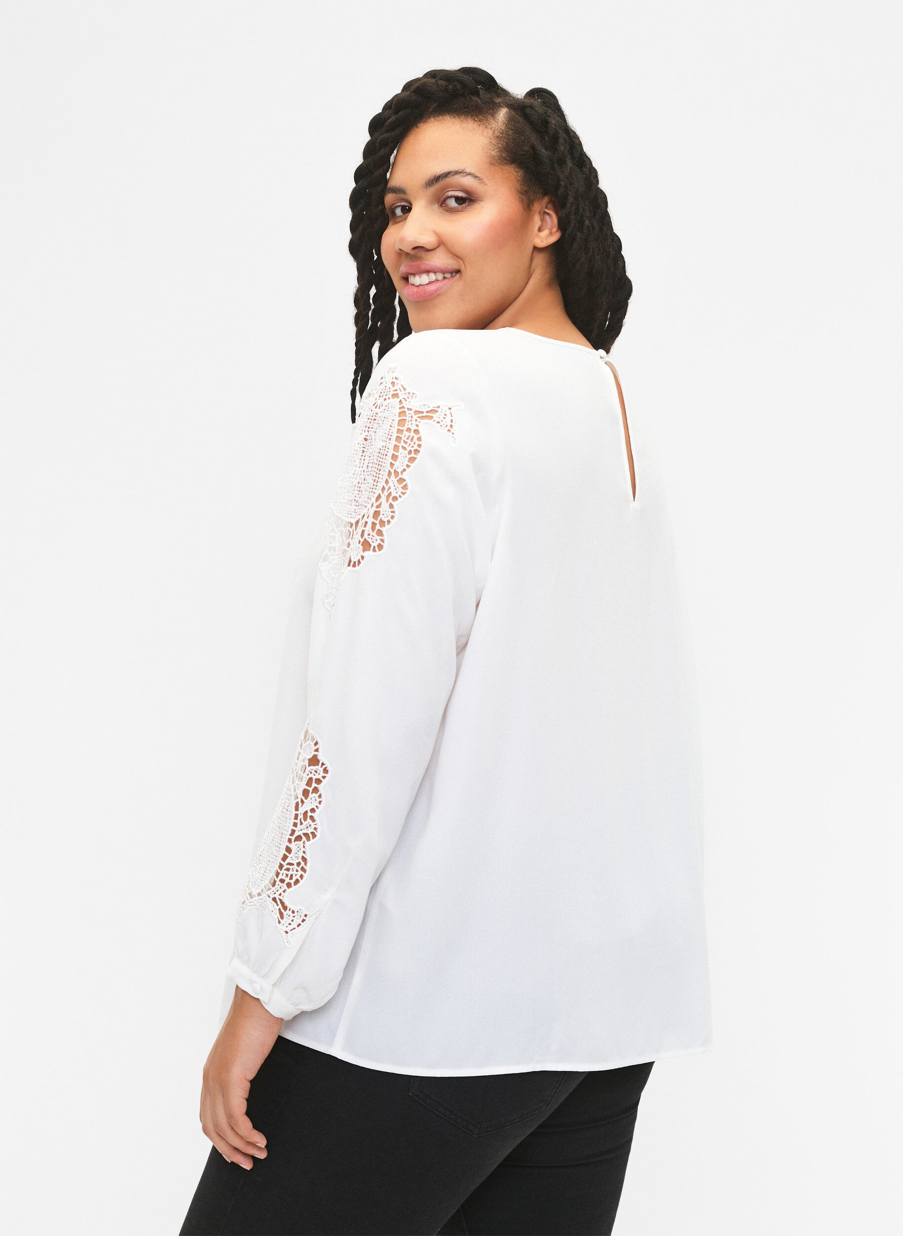 Zizzifashion Long sleeve blouse with crochet details, Bright White, Model image number 1