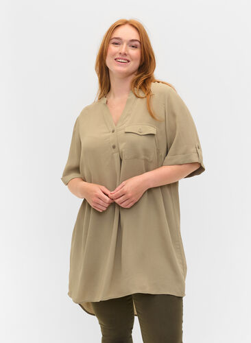 Short-sleeved viscose tunic, Laurel Oak, Model image number 0