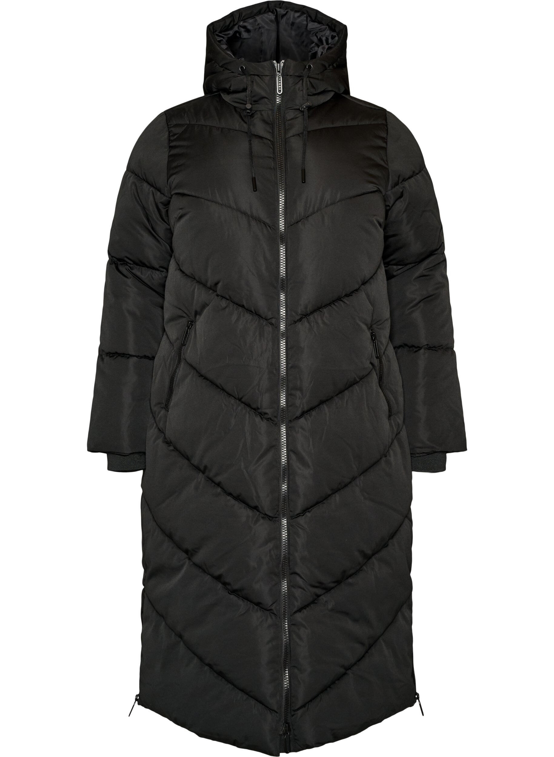 Long puffer coat with hood and pockets