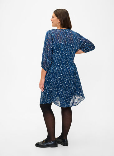 Printed dress with v-neck and 3/4 sleeves, Dress Bl. Swirl AOP, Model image number 1