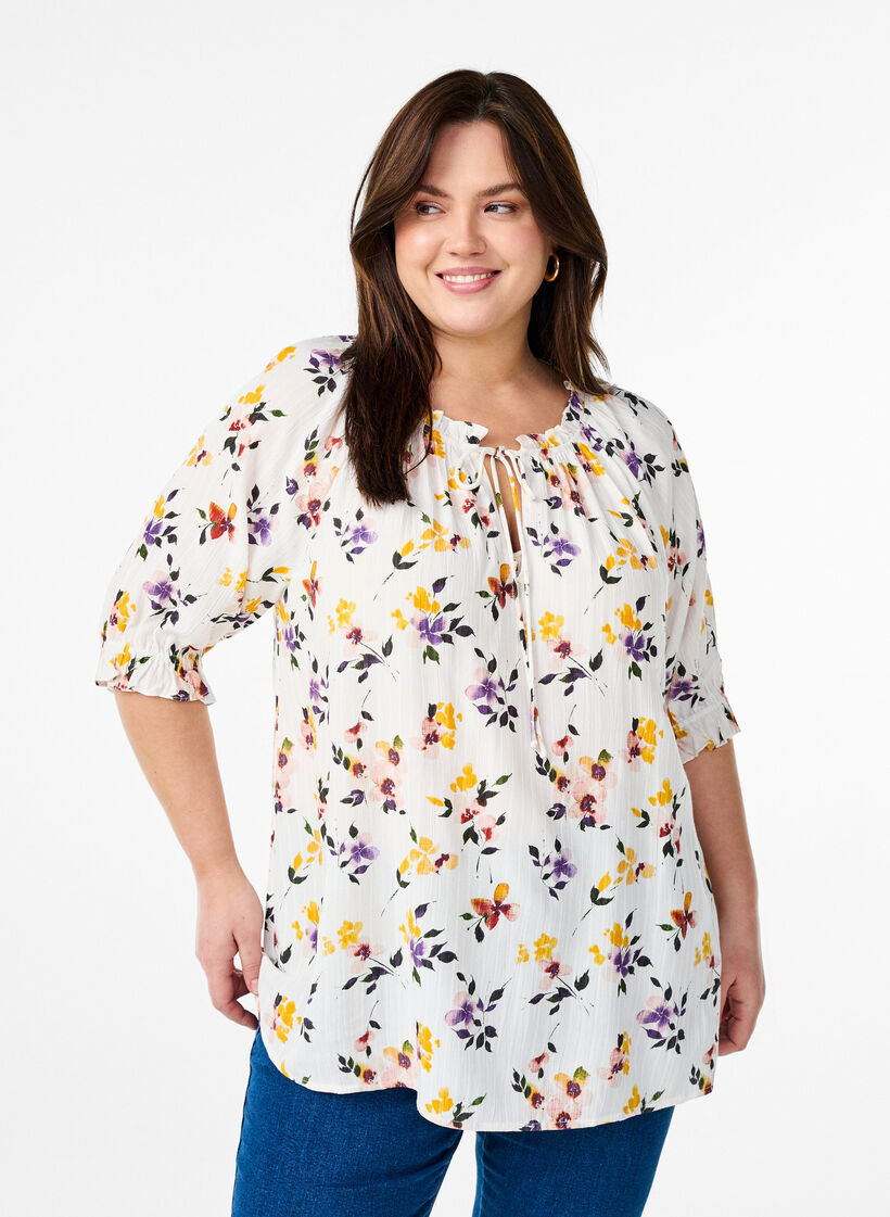 Floral viscose blouse with half-length sleeves, White, Model image number 0