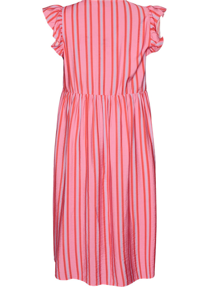 Striped midi dress with an empire cut and ruffles, Pink, Packshot image number 1