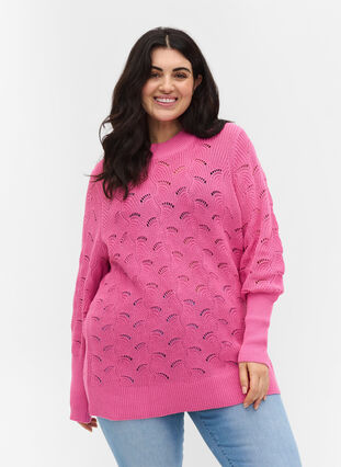 Patterned knitted blouse with puff sleeves, Wild Orchid, Model image number 0
