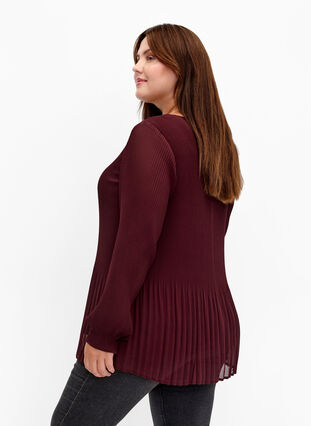 Long sleeve pleated blouse with V-neck, Fudge, Model image number 1
