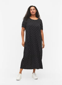 Viscose midi dress with short sleeves, Black Dot, Model