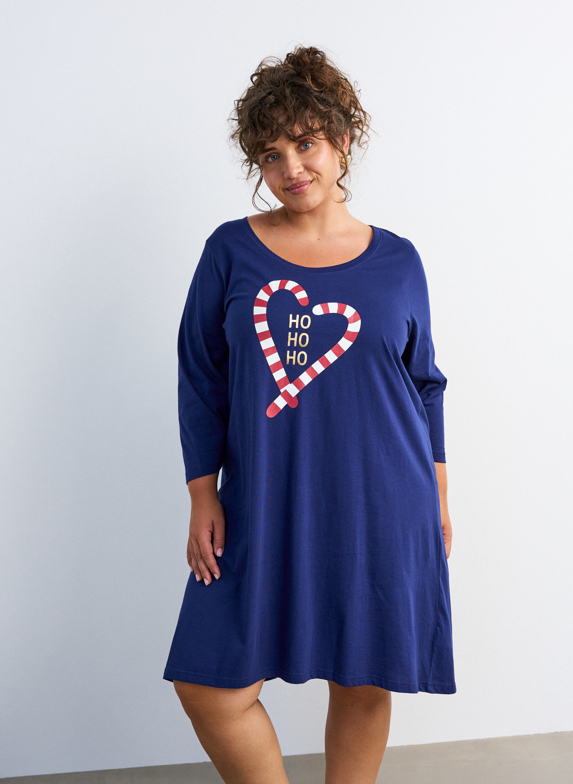 ZizzifashionNightdress in organic cotton with Christmas motif, Blue, Model image number 0