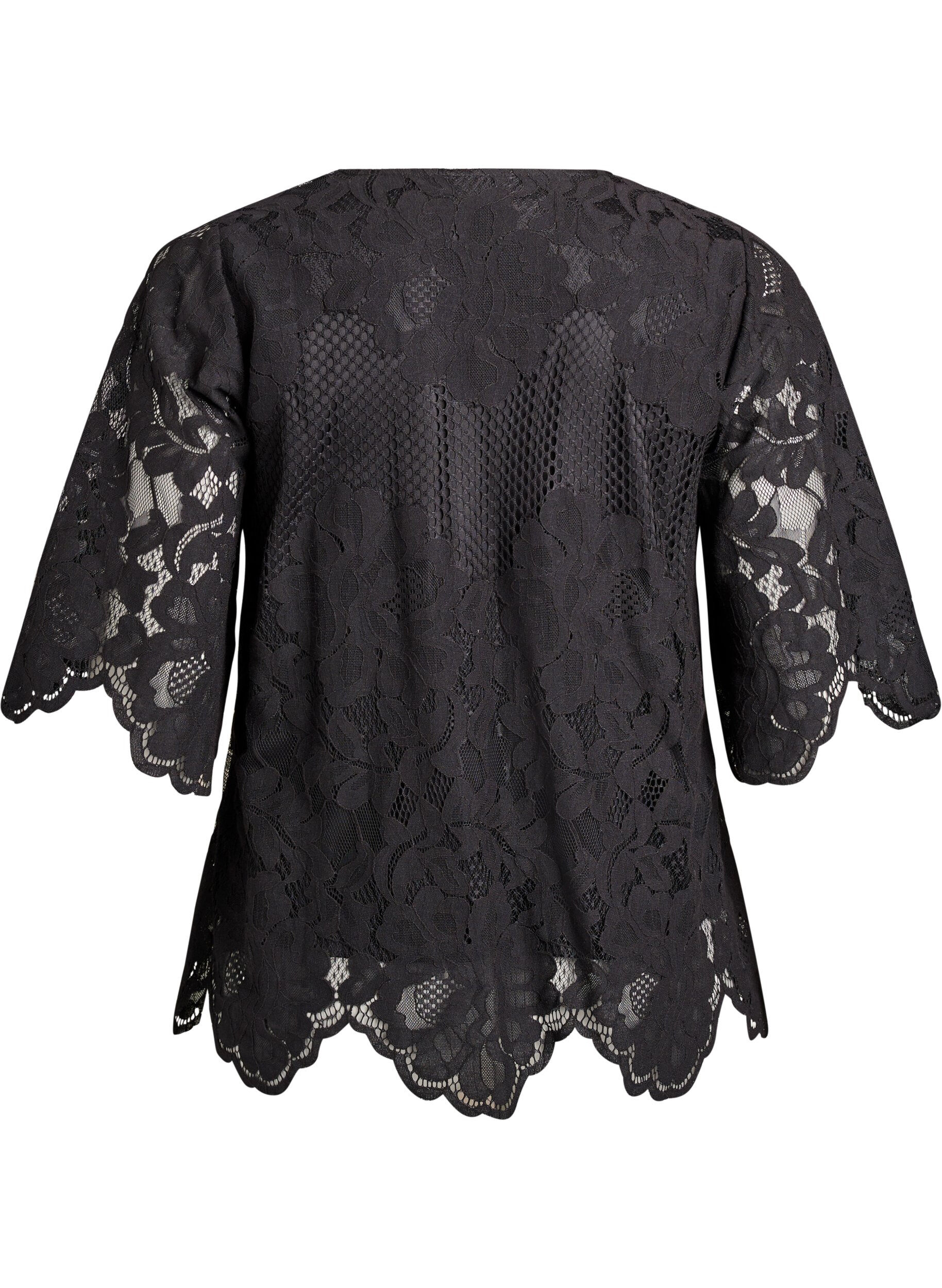 Zizzifashion Lace blouse with V-neck and 1/2 sleeves, Black, Packshot image number 1