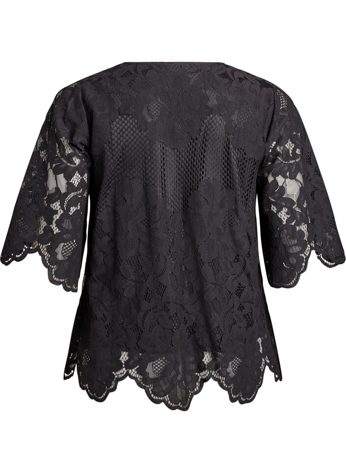 Lace blouse with V-neck and 1/2 sleeves, Black, Packshot image number 1