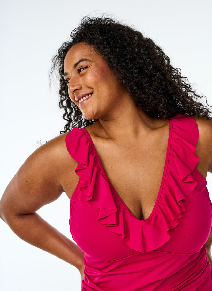 Swimsuit with ruffles and removable padding, Pink, Model image number 2