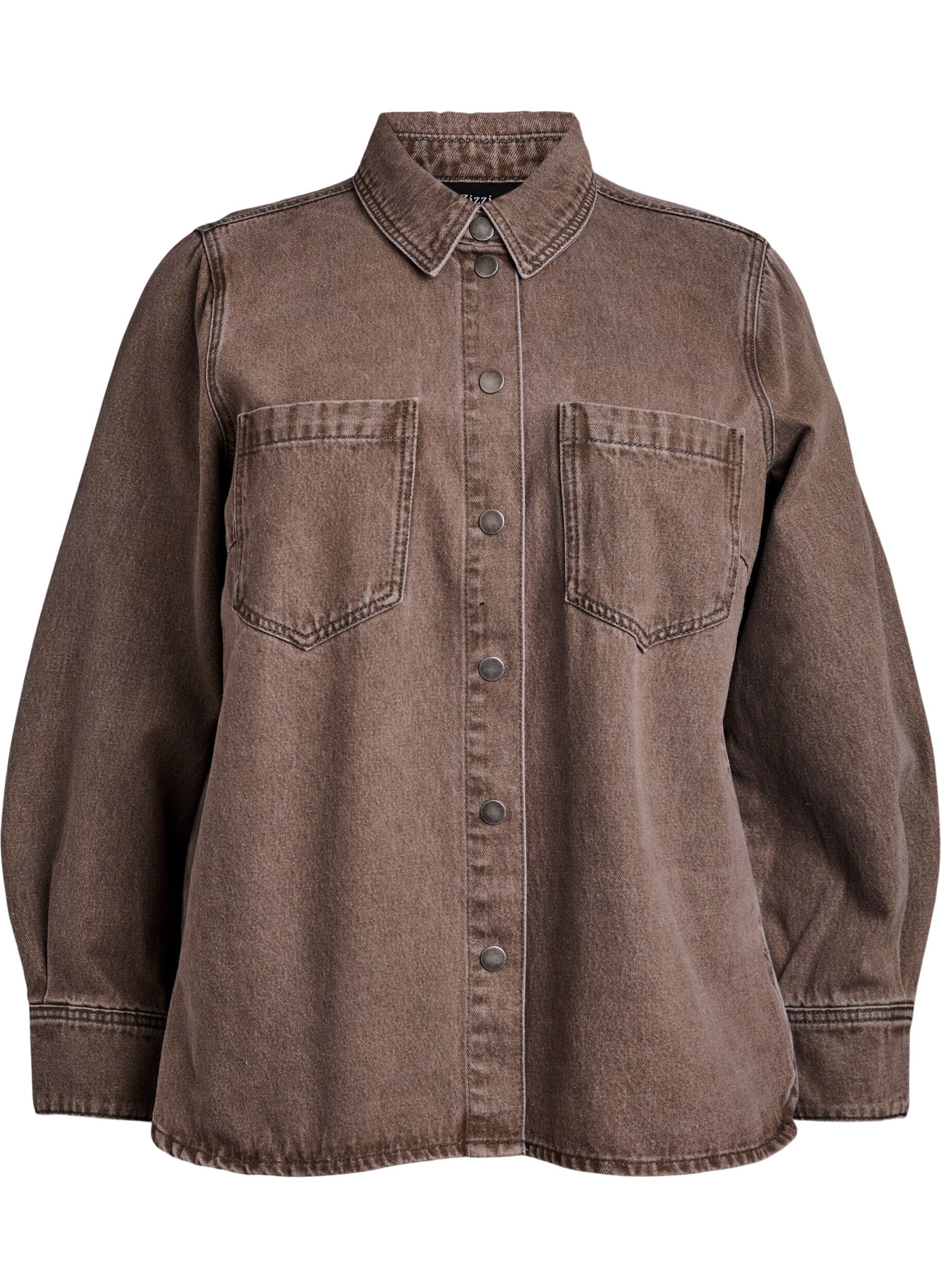 Zizzifashion Coloured denim shirt with chest pockets, Brown, Packshot image number 0