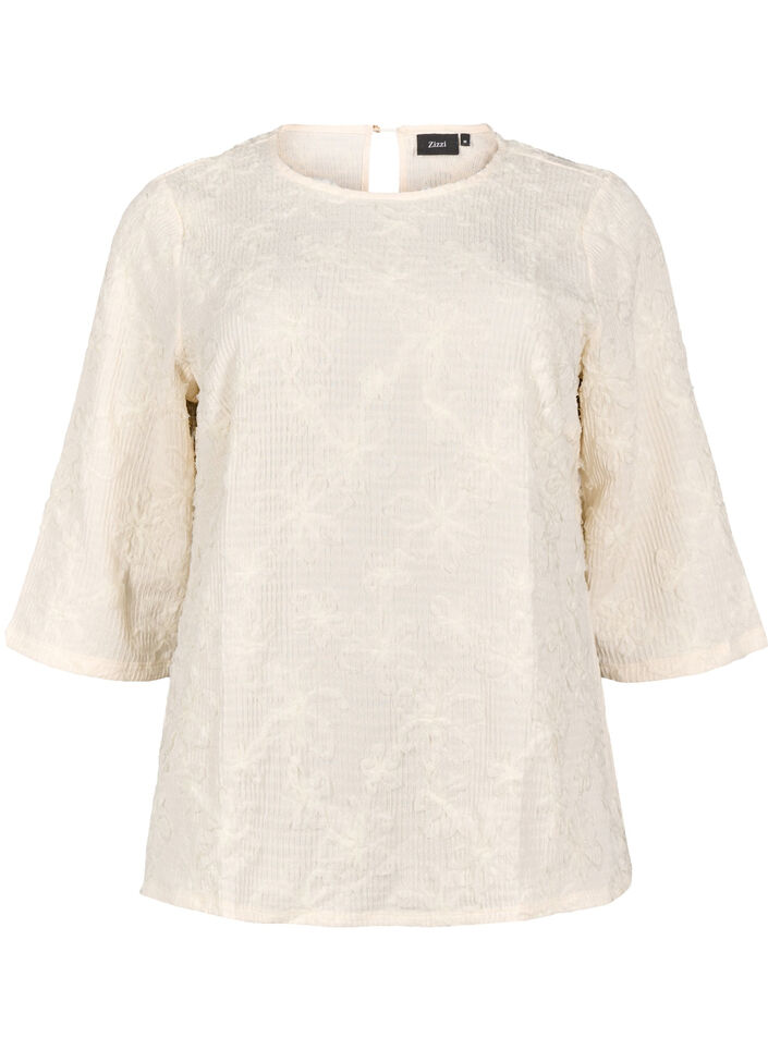 Blouse with 3/4 sleeves and 3D flowers, Warm Off-white, Packshot image number 0