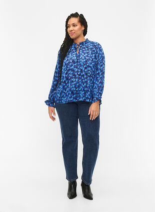 Long sleeve blouse with ruffles and print, Navy Blazer Leaf AOP, Model image number 2