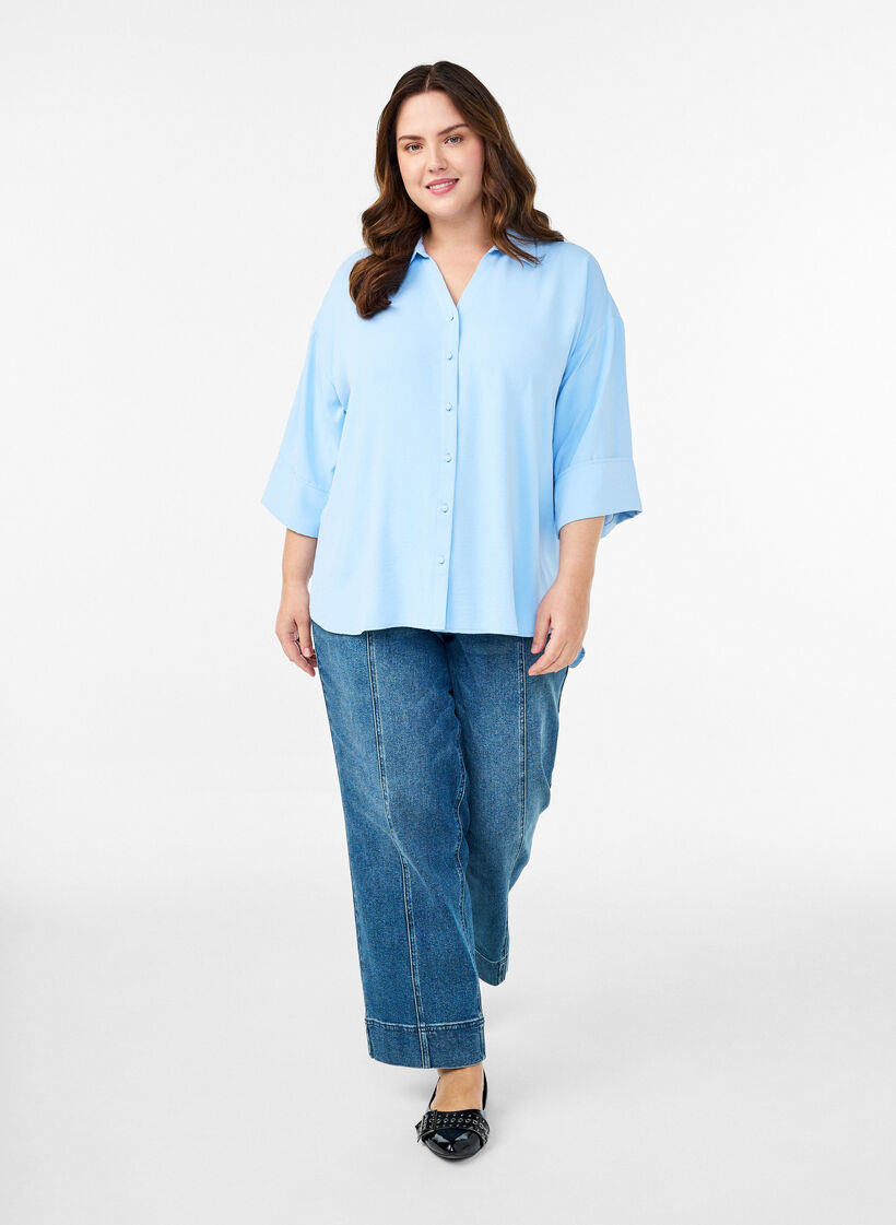 Loose shirt with a v-neck and 3/4 sleeves, Light Blue, Model image number 1