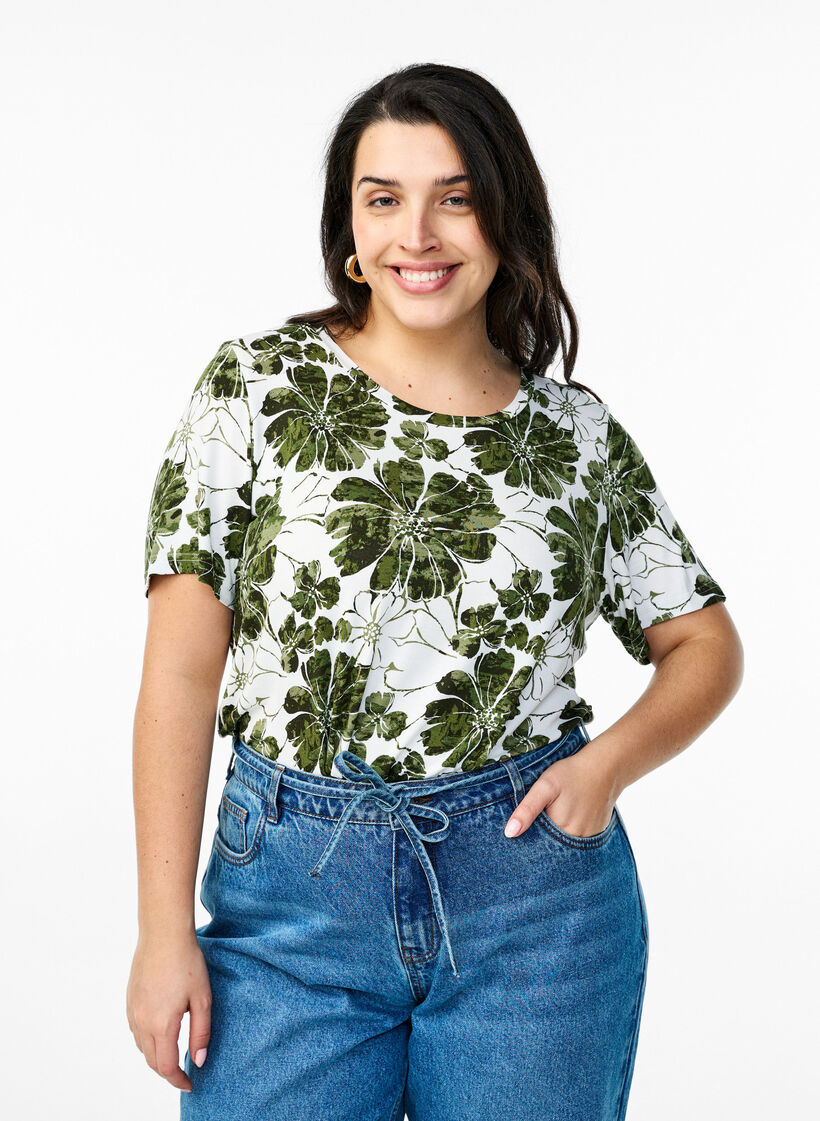 T-shirt with floral print, Green, Model image number 0