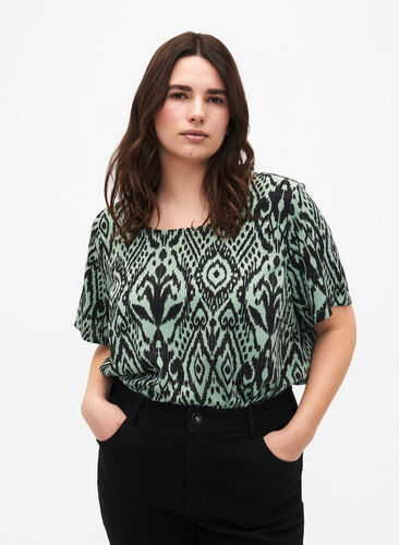 FLASH - Blouse with short sleeves and print, Green Bay Ehnic, Model image number 0