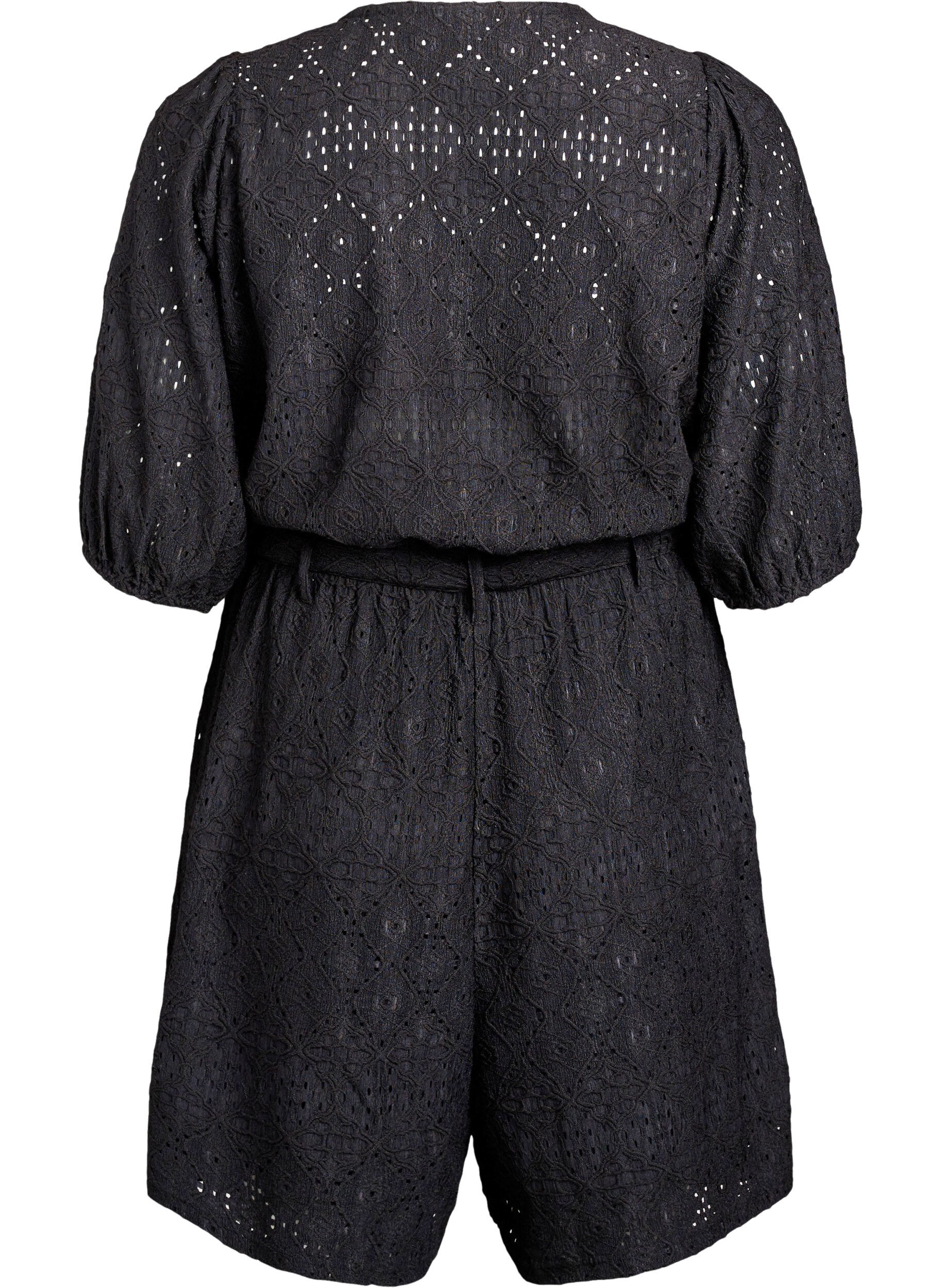 Zizzifashion Playsuit with short sleeves and tie, Black, Packshot image number 1