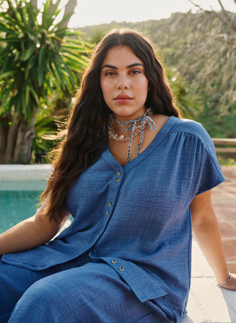 V-neck shirt blouse with short sleeves, Blue, Image image number 0