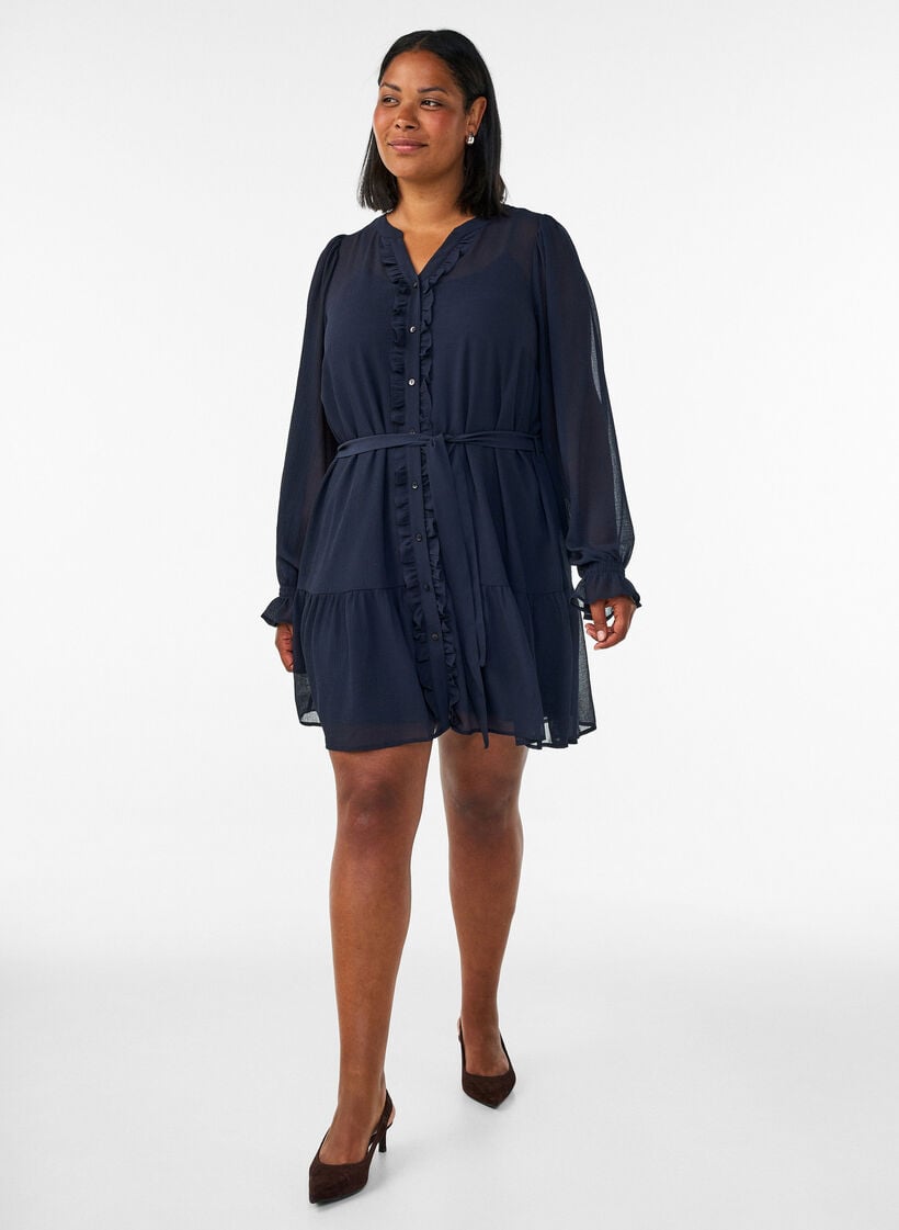 Short dress with ruffle details and a tie-belt, Blue, Model image number 1