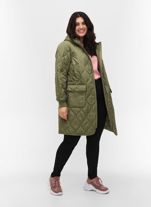 Hooded quilted jacket with large pockets, Vetiver, Model image number 2