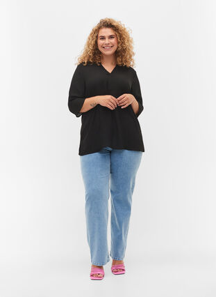 Blouse with 3/4 sleeves and v cutting, Black, Model image number 2