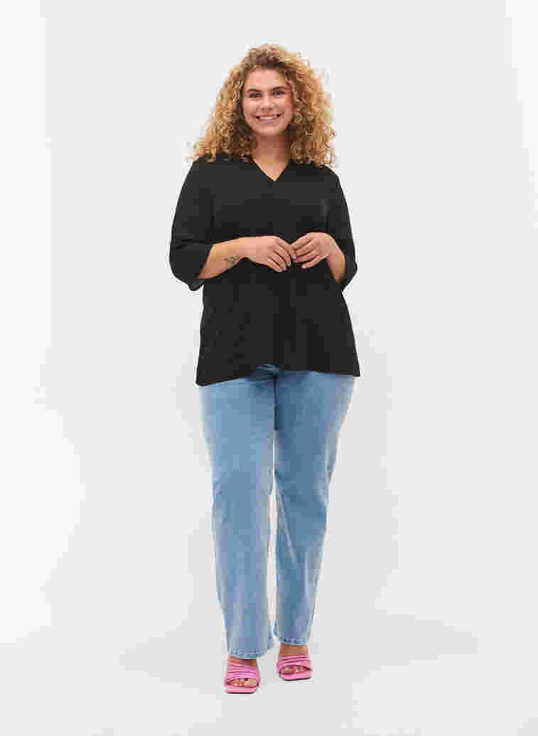 Blouse with 3/4 sleeves and v cutting, Black, Model image number 2