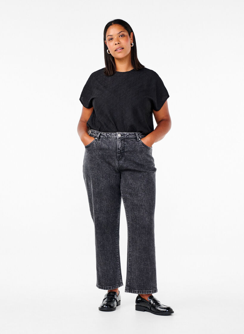 Blouse with short sleeves and floral embroidery, Black, Model image number 2