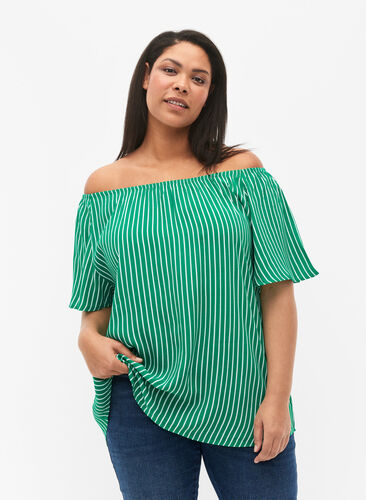 Plain viscose blouse with short sleeves, J.Green/White Stripe, Model image number 0
