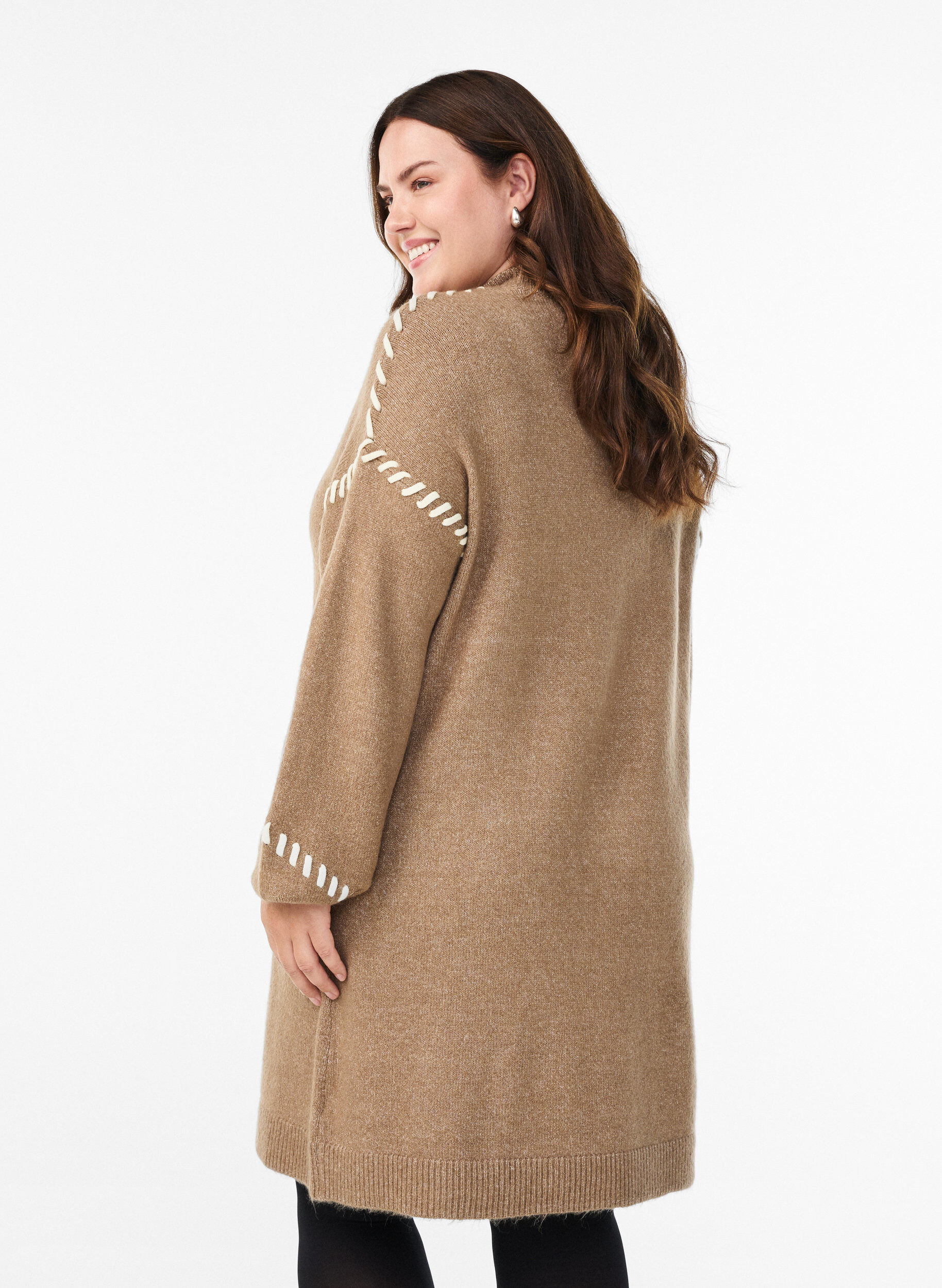 Zizzifashion Knitted dress with contrast stitching, Brown, Model image number 2