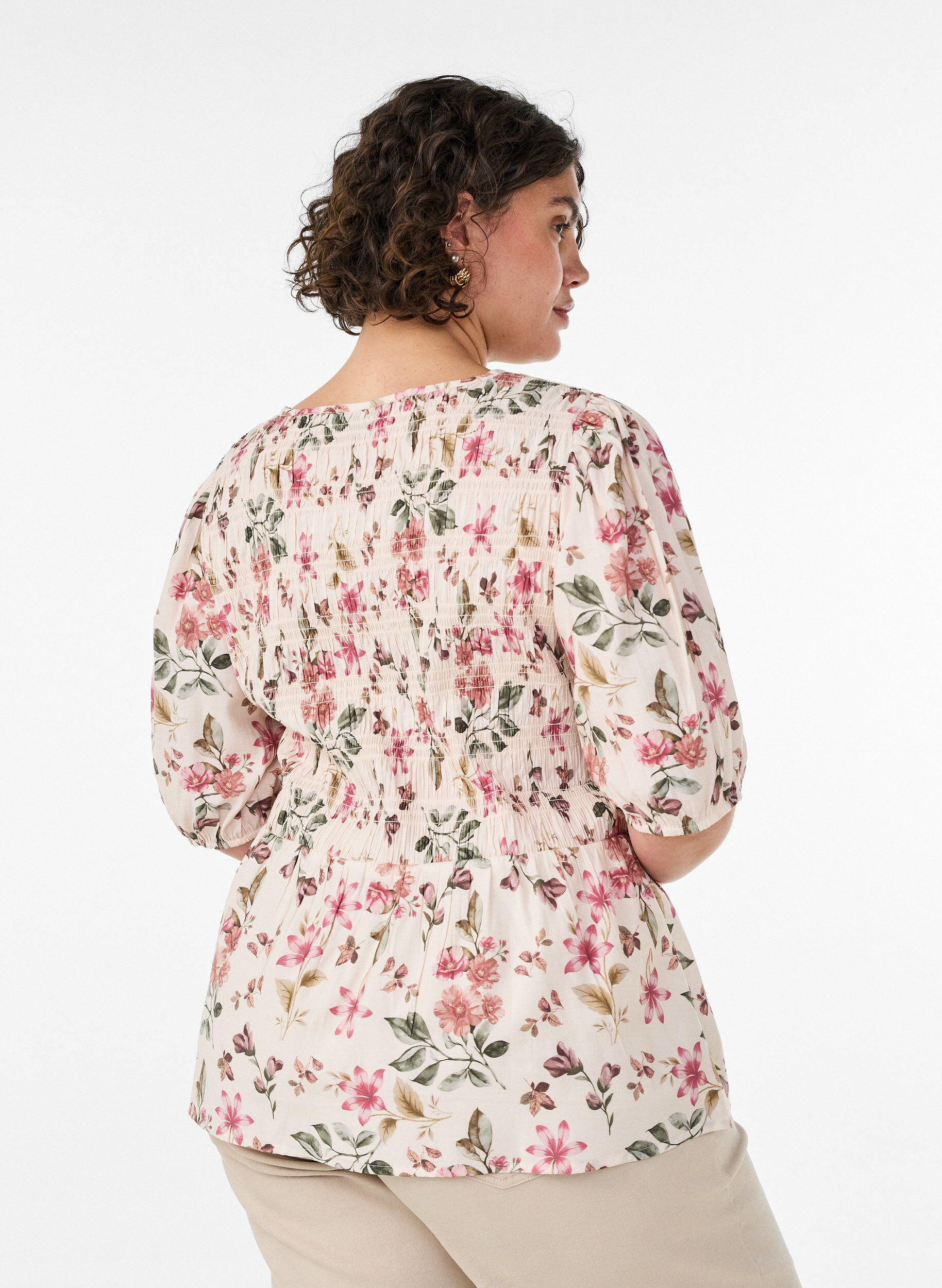 ZizzifashionViscose blouse with smock and peplum effect, Vanilla, Model image number 2