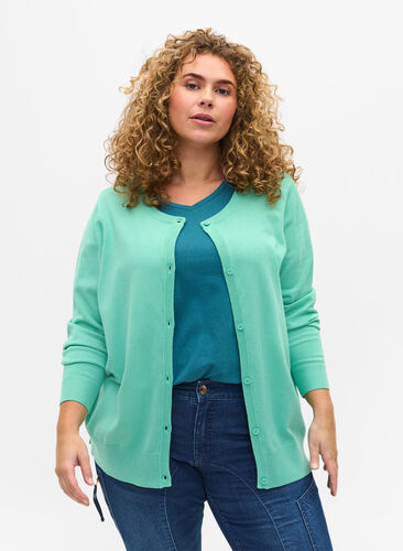 Knitted viscose blend cardigan, Dusty Jade Green, Model image number 0