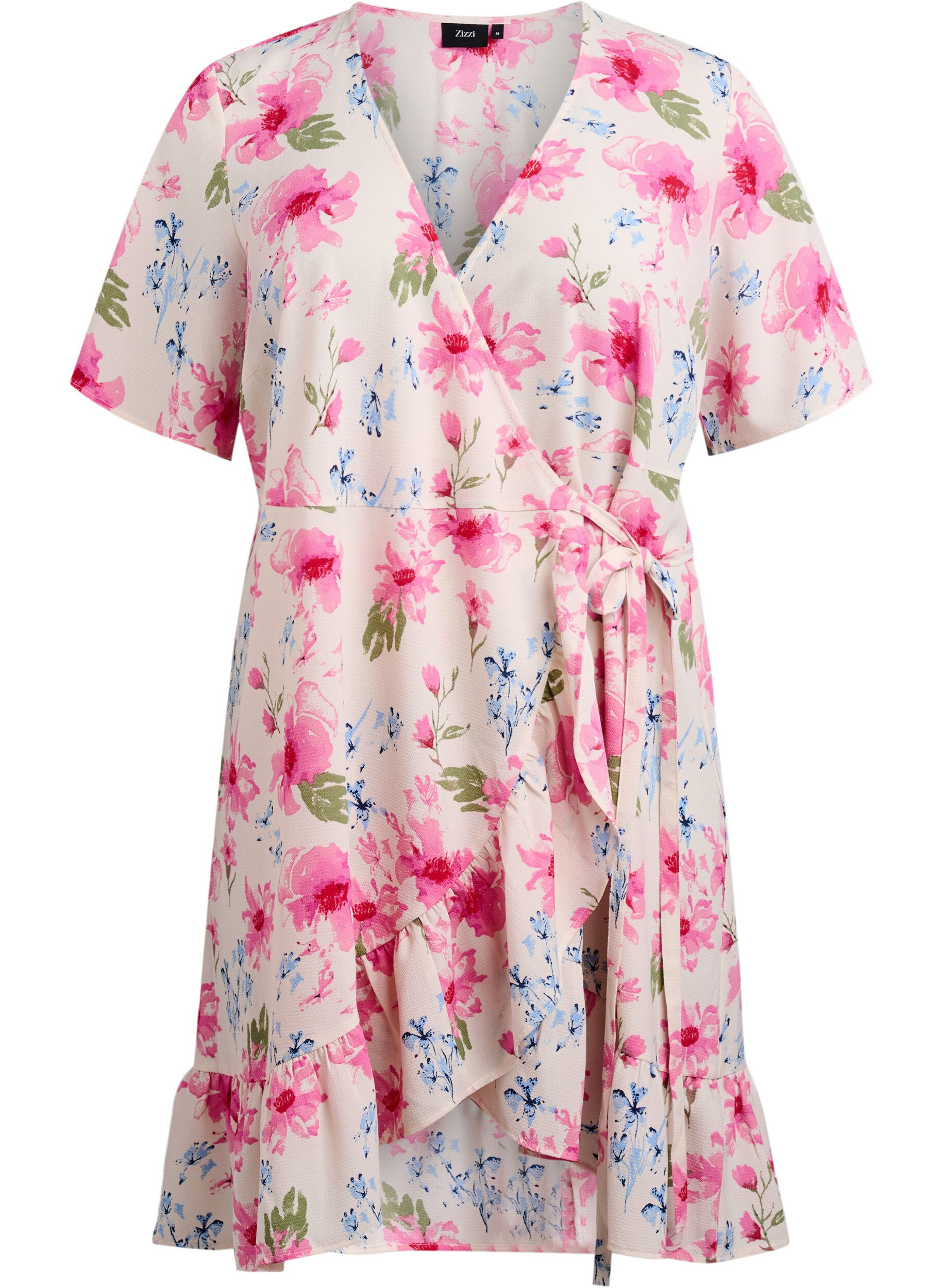 Zizzifashion Floral wrap dress with short sleeves, White, Packshot image number 0