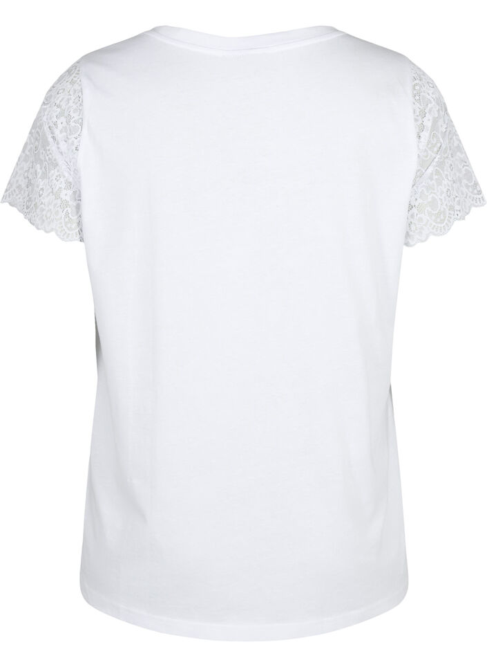 Cotton T-shirt with short lace sleeves, White, Packshot image number 1