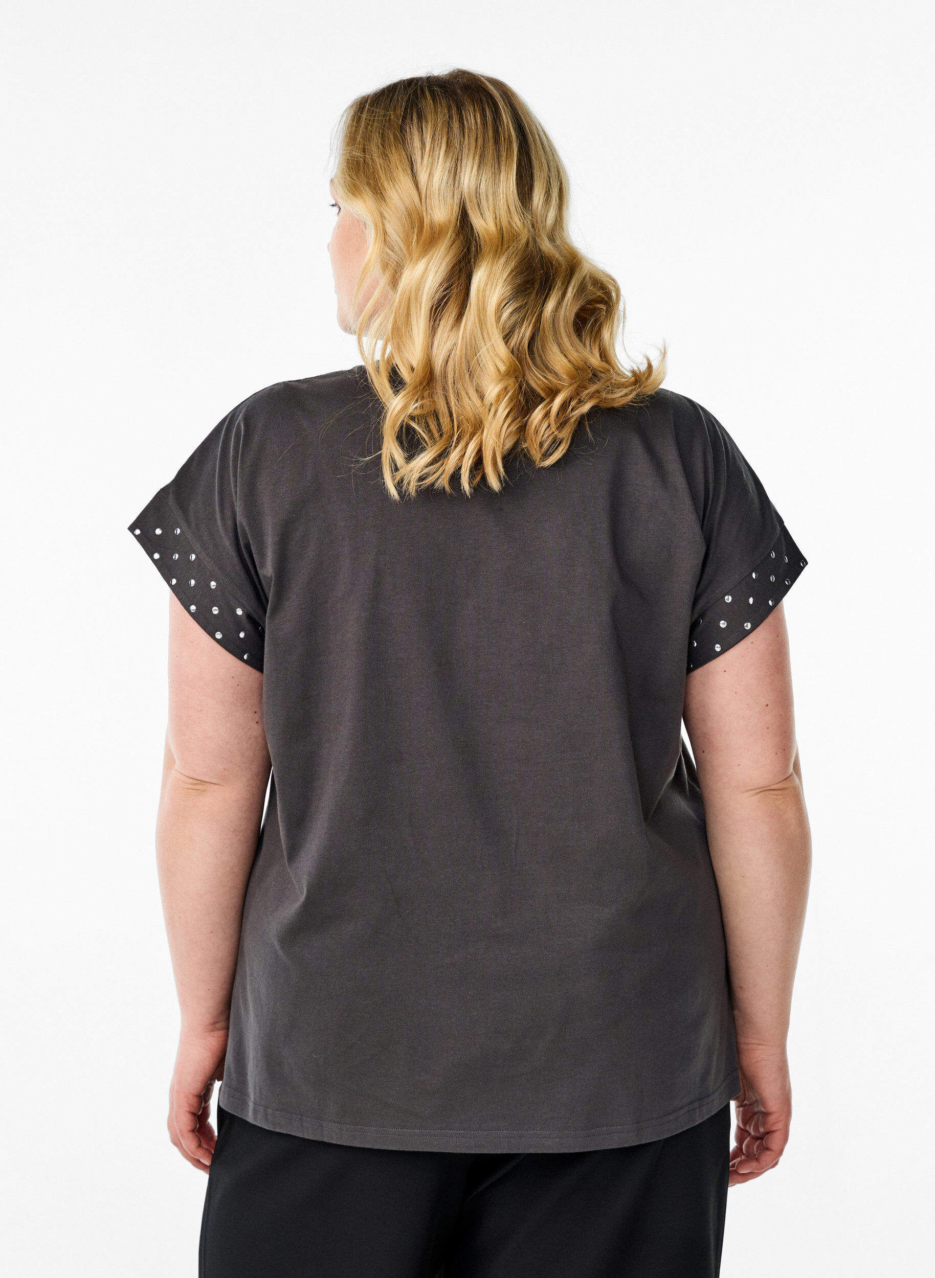 Zizzifashion Organic cotton T-shirt with rivets, Dark Grey, Model image number 2