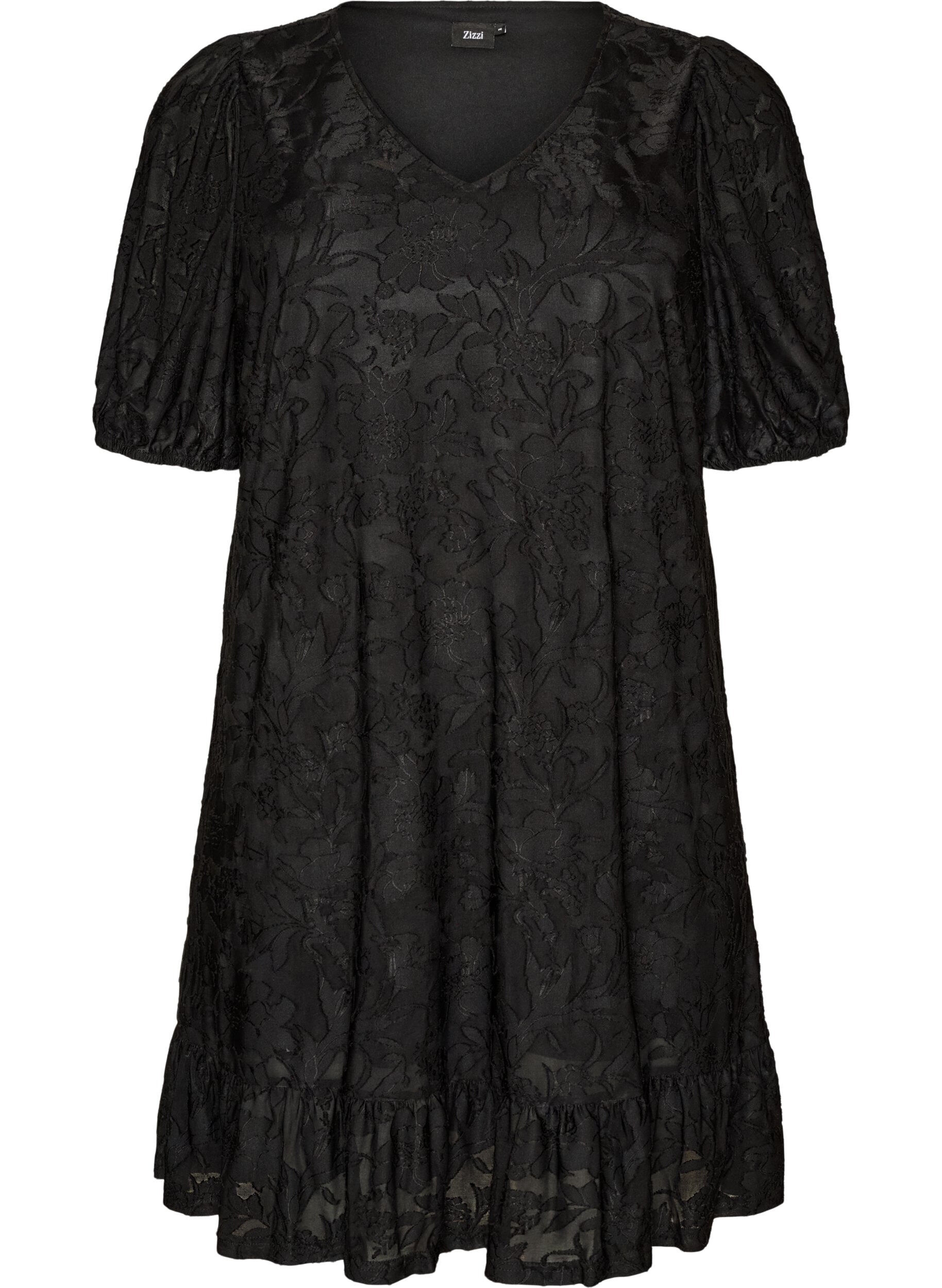 ZizzifashionDress with floral texture and ruffle trim, Black, Packshot image number 0