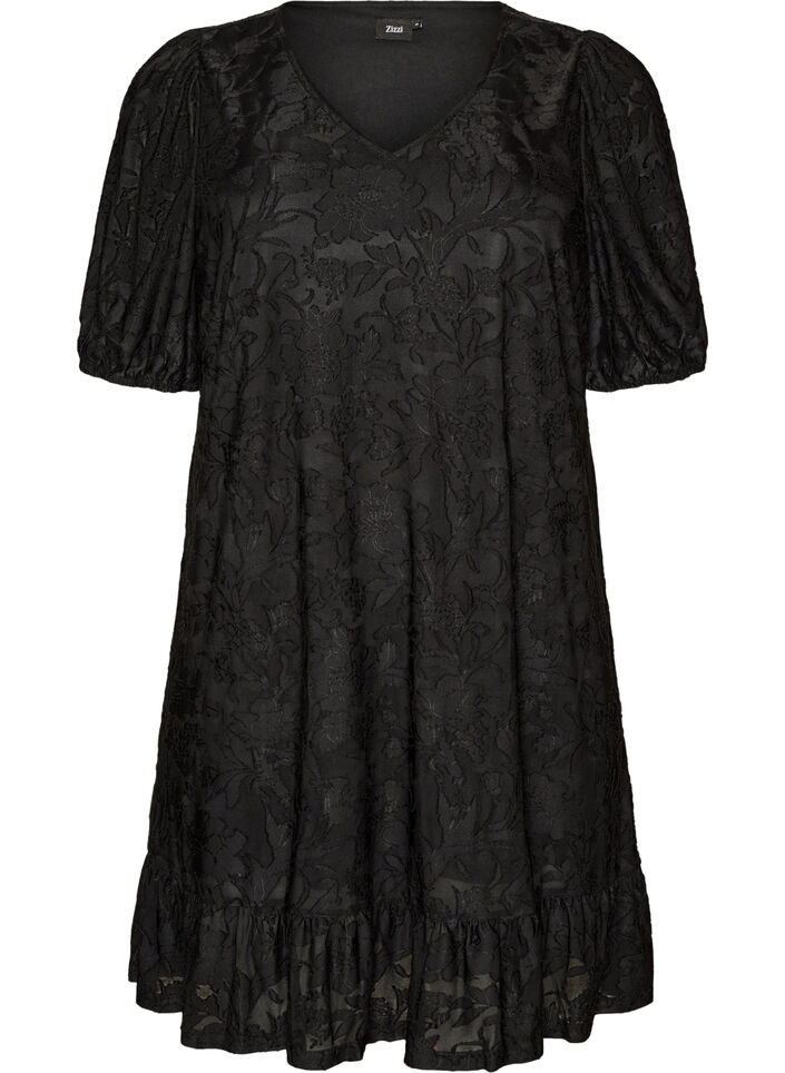 Dress with floral texture and ruffle trim, Black, Packshot image number 0
