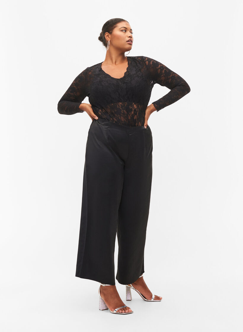 Wide leg satin trousers, Black, Model image number 0